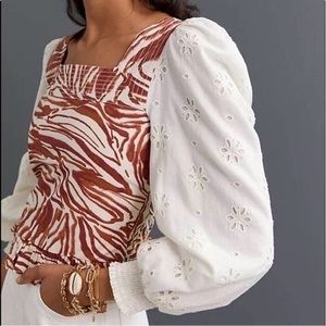 Anthropologie Love The Label Cotton Smocked Puff-Sleeve Eyelet Blouse | XS